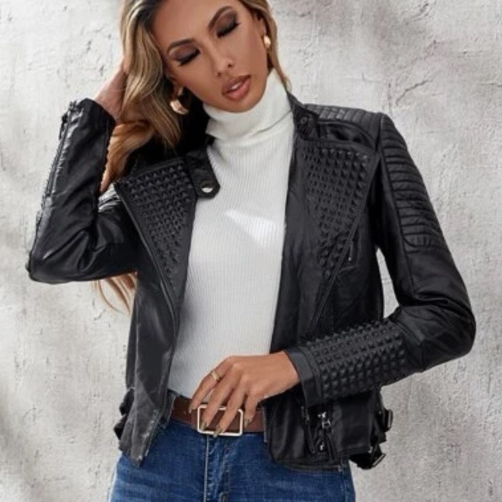 Black Studded Leather Jacket - image 6